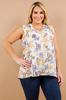 Plus Size, PRINT VNECK TOP WITH RUFFLE SLEEVES AND NECKBAND